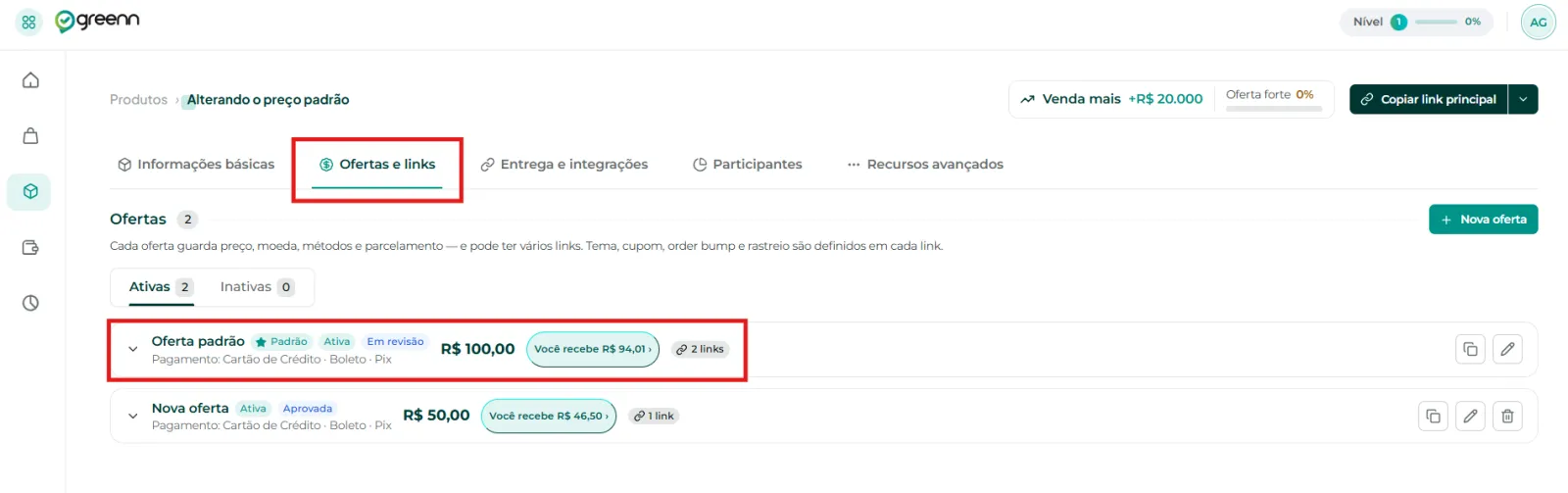 Aba Ofertas e Links na edição do produto