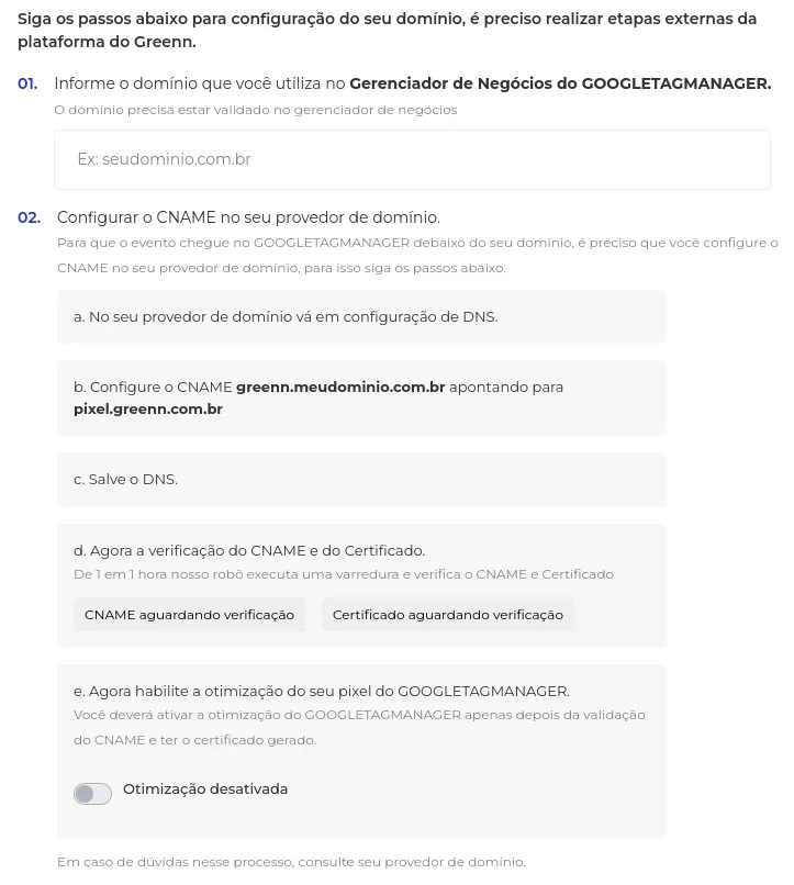 Tela de configurações do apontamento de domínio