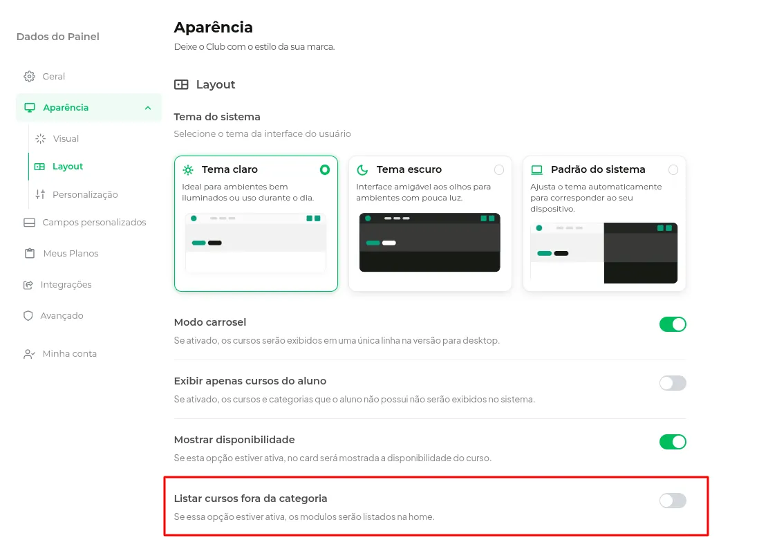 Opção Listar cursos fora da categoria