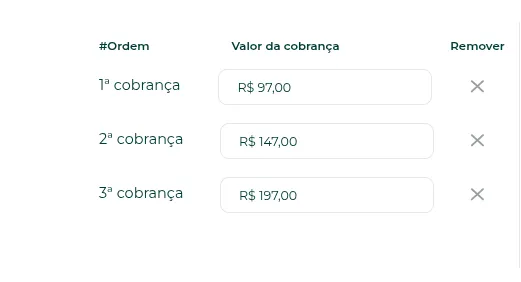Exemplo de plano com várias cobranças de valores diferentes