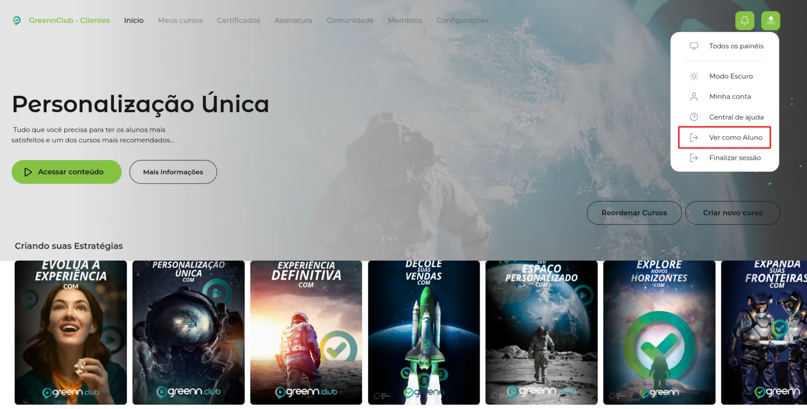 Menu da conta com a opção Ver como Aluno