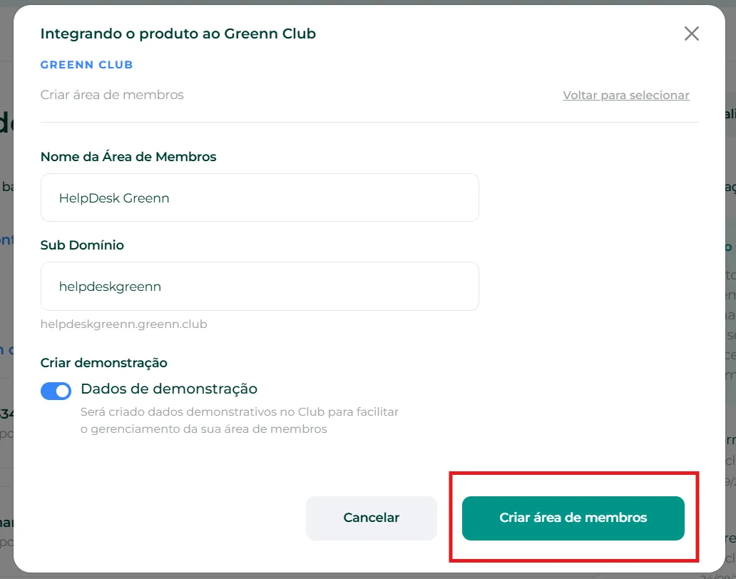 Botão Criar área de membros
