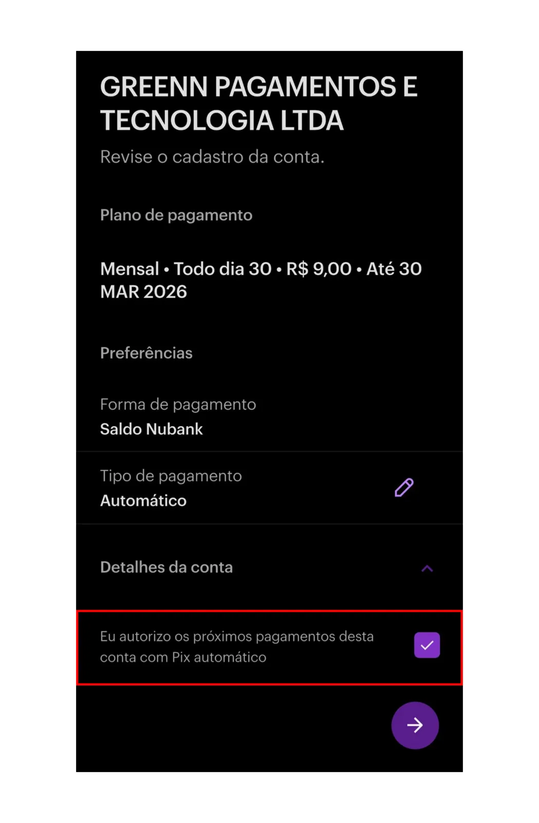 Tela do banco para confirmar a recorrência