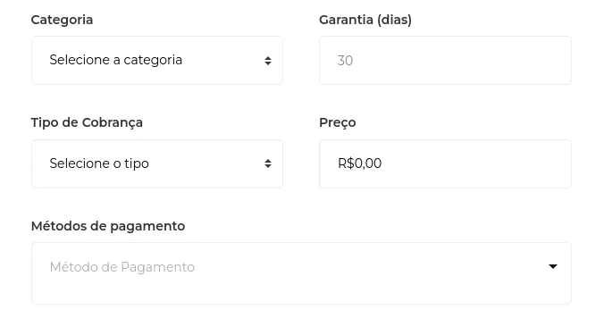 Etapa de categoria e precificação