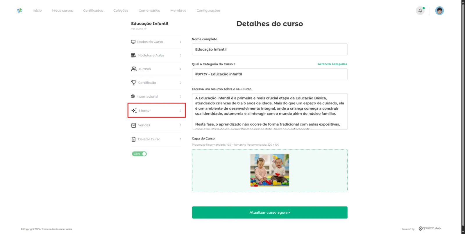 Opção Mentor no menu da aula