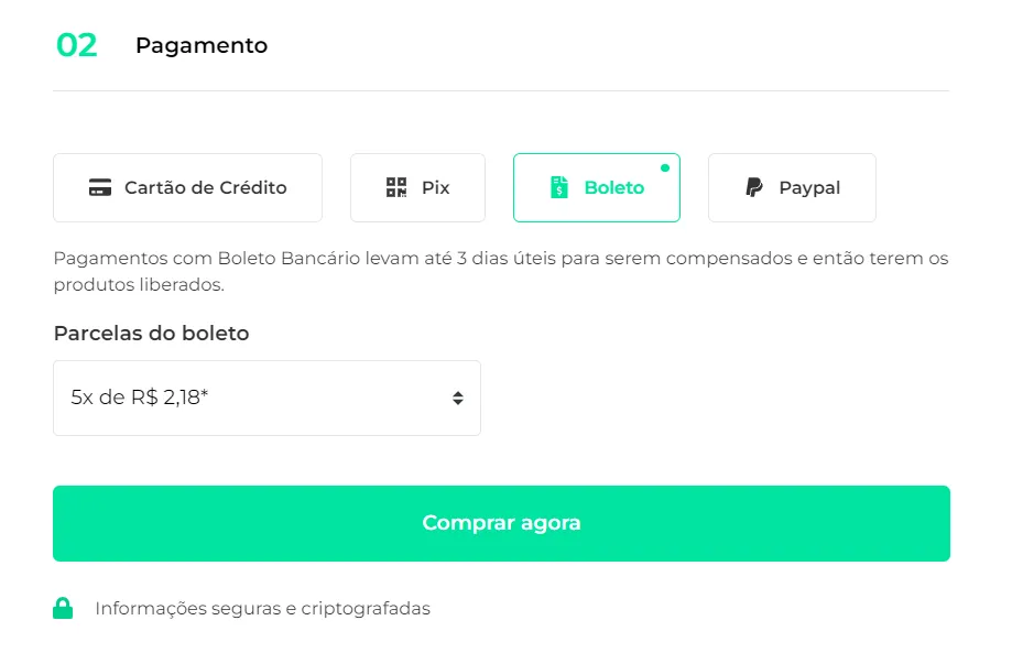 Checkout com o boleto parcelado disponível