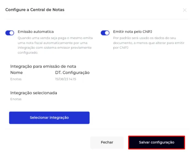 Botão Salvar da configuração de notas