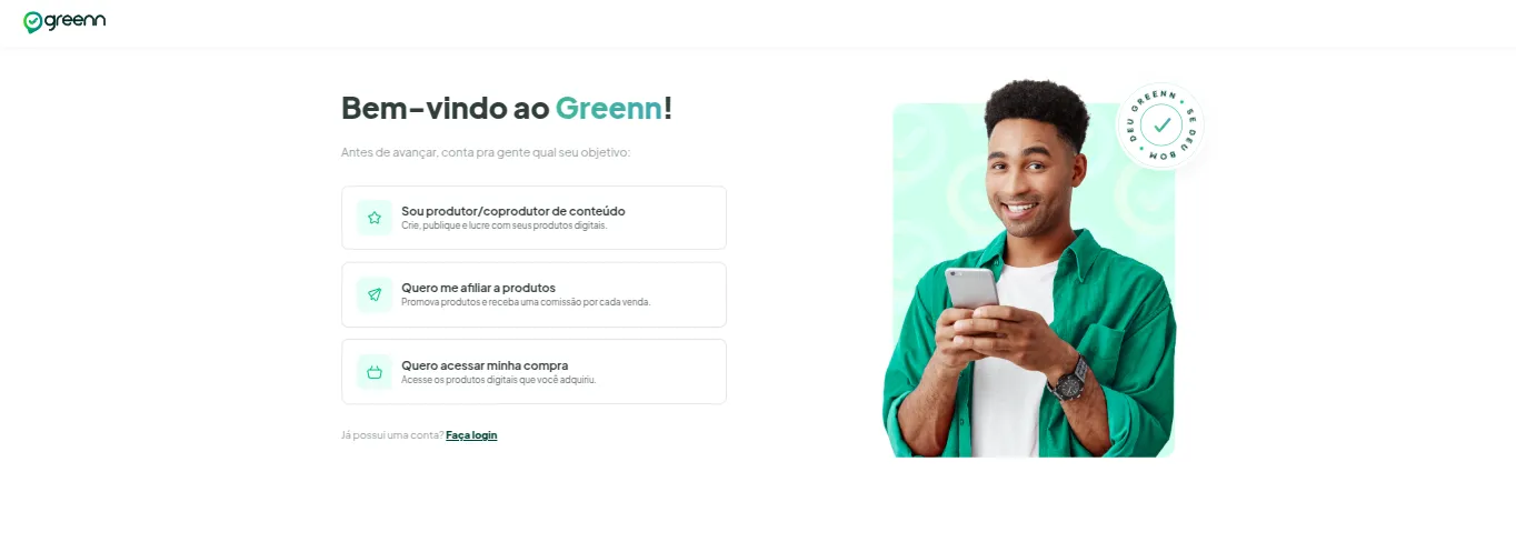Tela com as opções produtor, consumidor final e afiliado