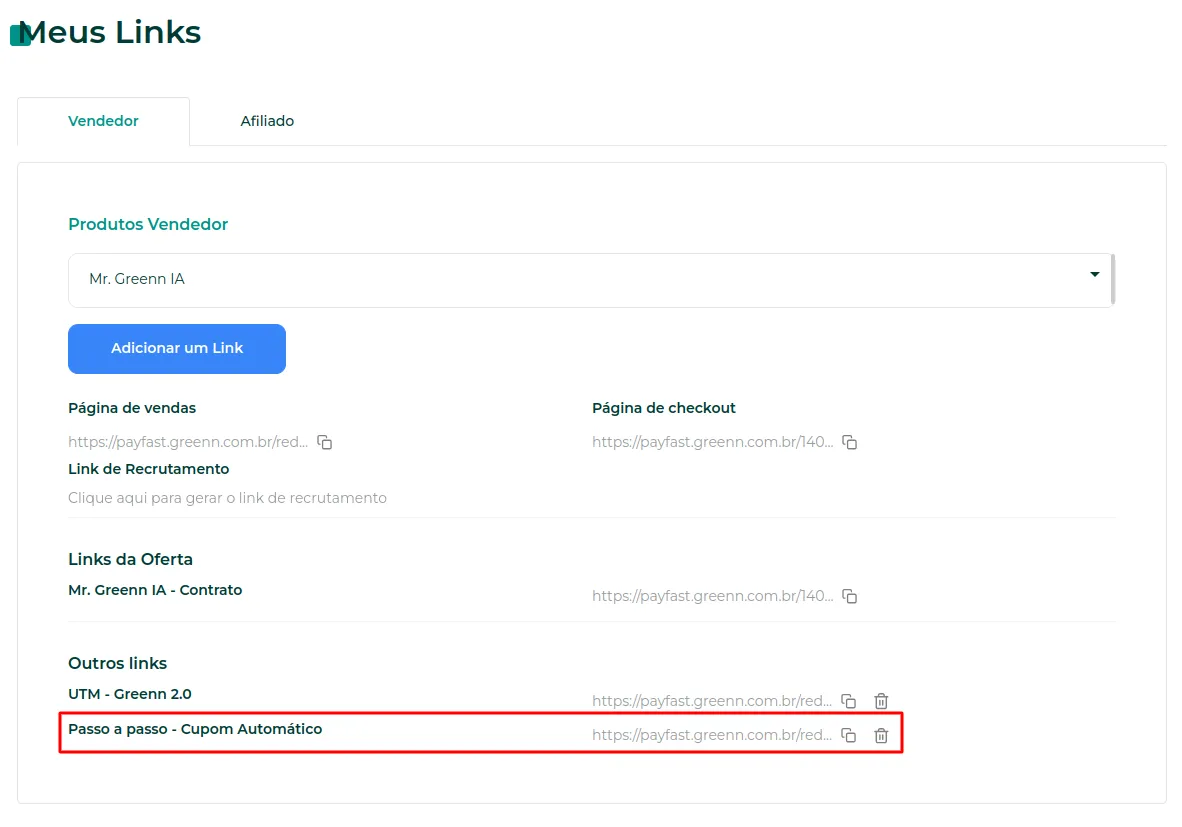 Lista de links com o link do cupom