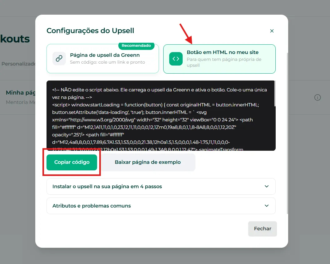 Opção de copiar o código do botão em HTML