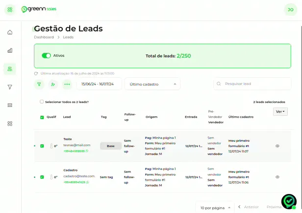 Tela do passo: Selecione os seus leads, clique em Ações e Automação CRM