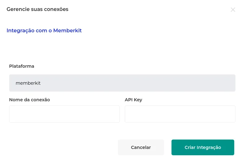 Tela de nova conexão com a Memberkit