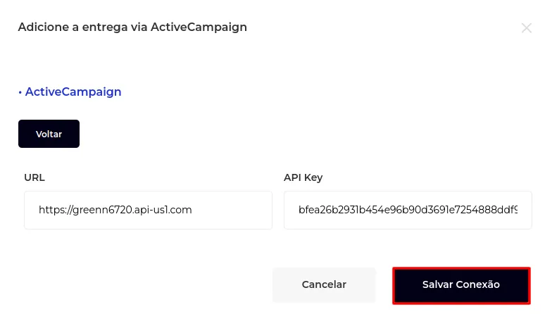 Botão Salvar Conexão com URL e API Key preenchidas