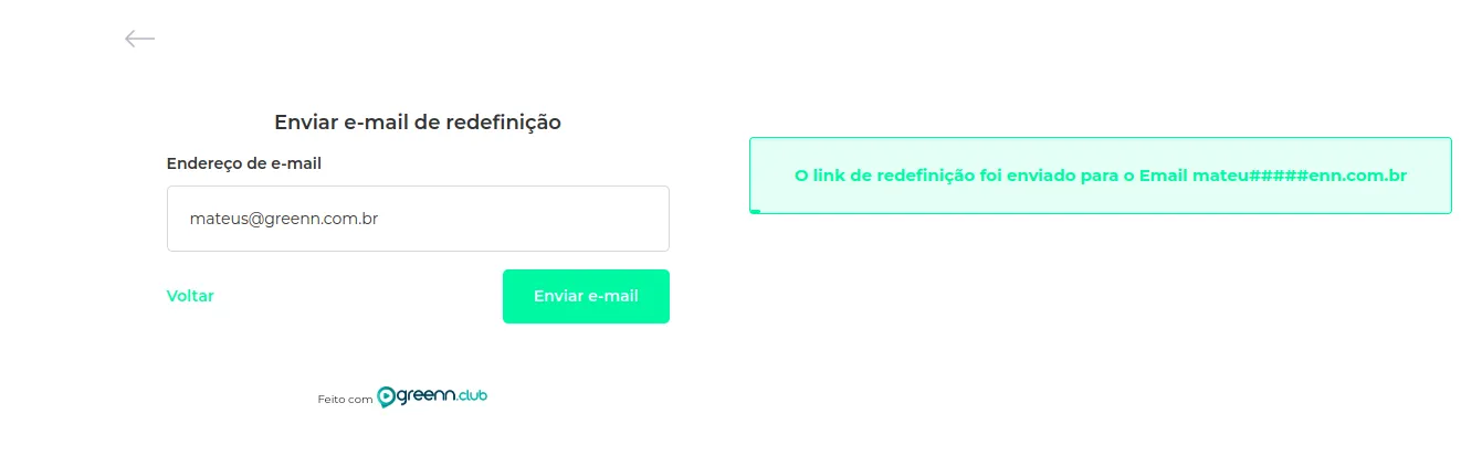 Aviso de que o e-mail para trocar a senha foi enviado