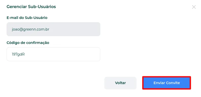 Campo do código de confirmação e botão Enviar Convite