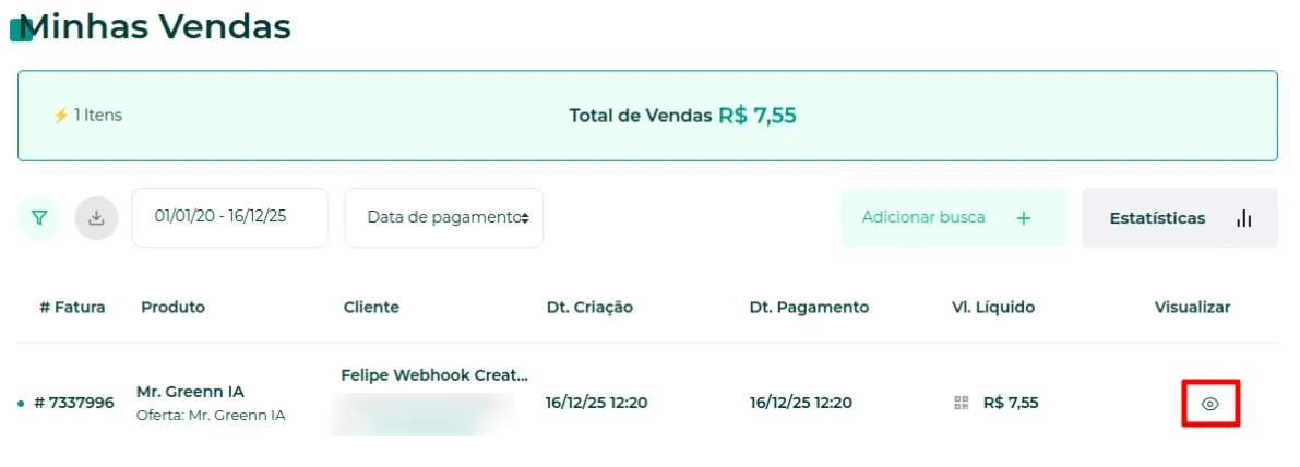Lista de vendas com o ícone do olho