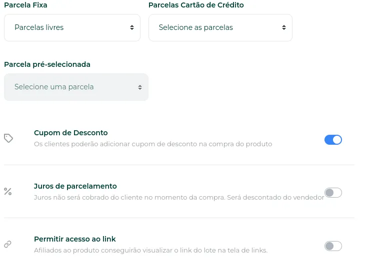Checklist do produto de evento com as configurações pendentes