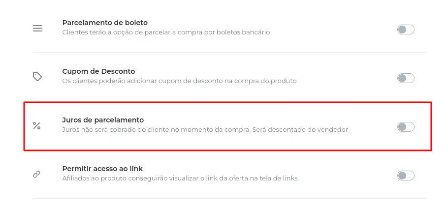 Opção Juros de Parcelamento na oferta