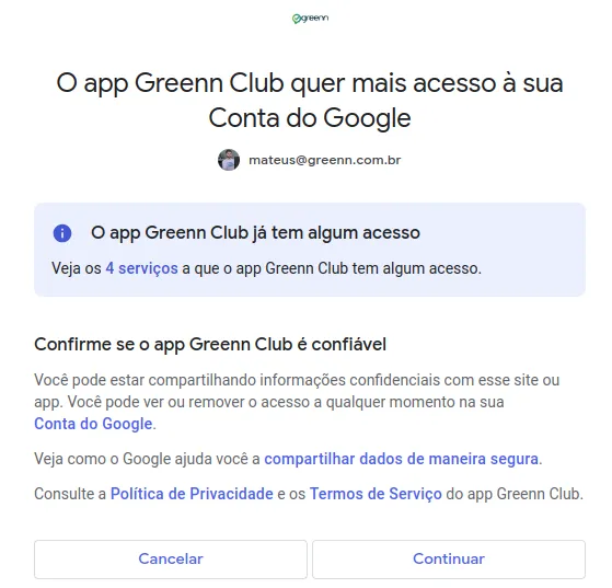 Tela de permissões de acesso do YouTube
