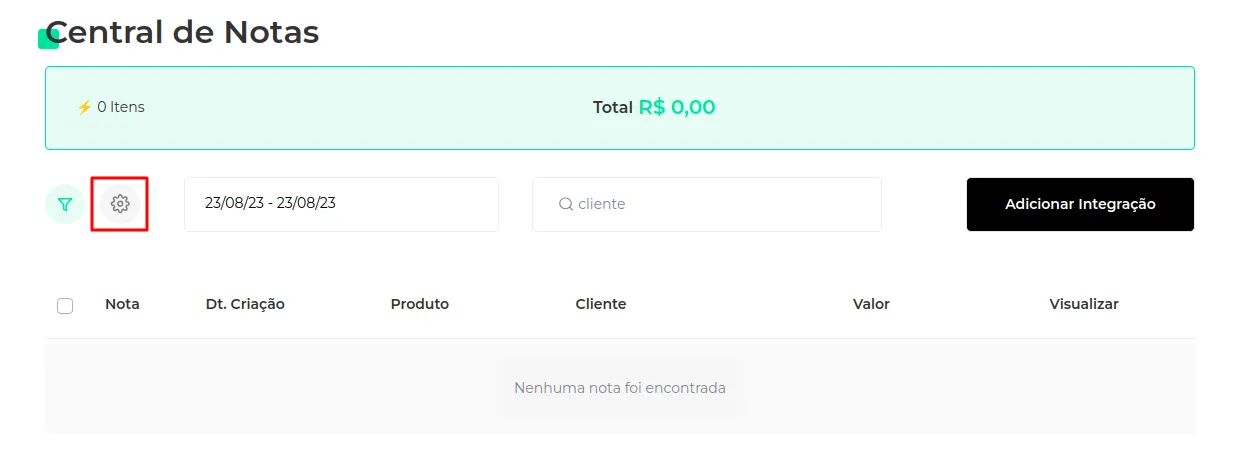 Central de Notas com o botão Configurações