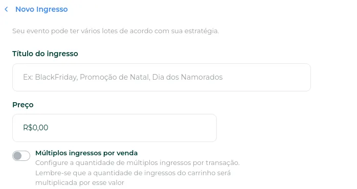 Formulário do novo ingresso com título, preço e múltiplos ingressos por venda