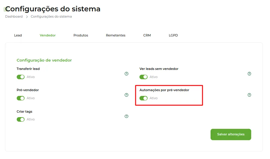 Tela do passo: Para que Pré-vendedores possam rodar automações, ative a opção Automações por pré-vendedores