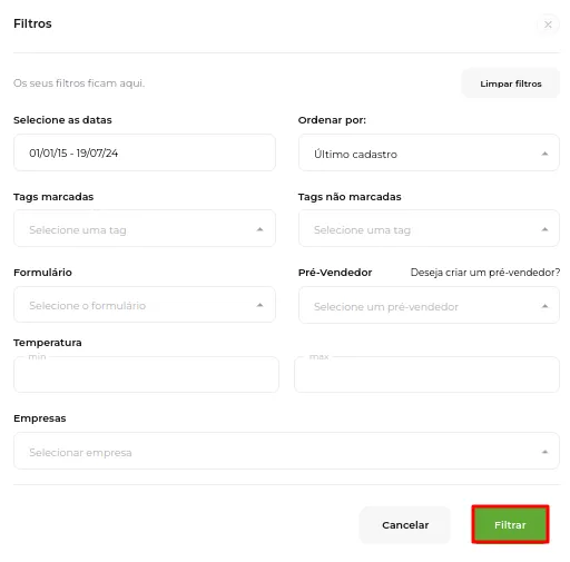 Tela do passo: Agora você pode estar filtrando os leads de forma prática, selecionando o período desejado, se quer filtrar