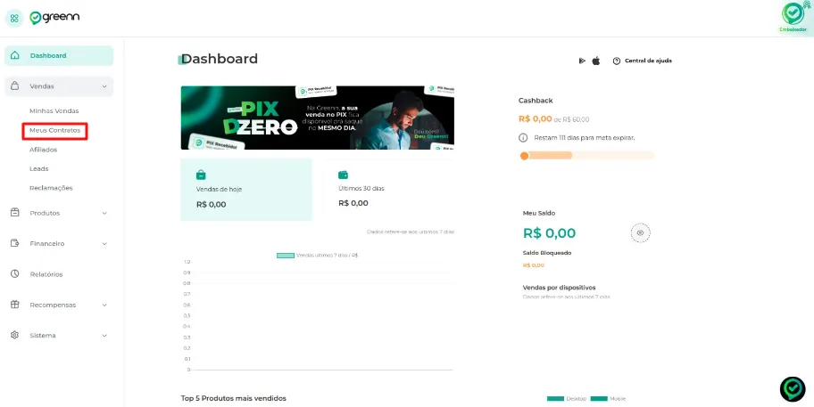 Menu Vendas com a opção Meus Contratos