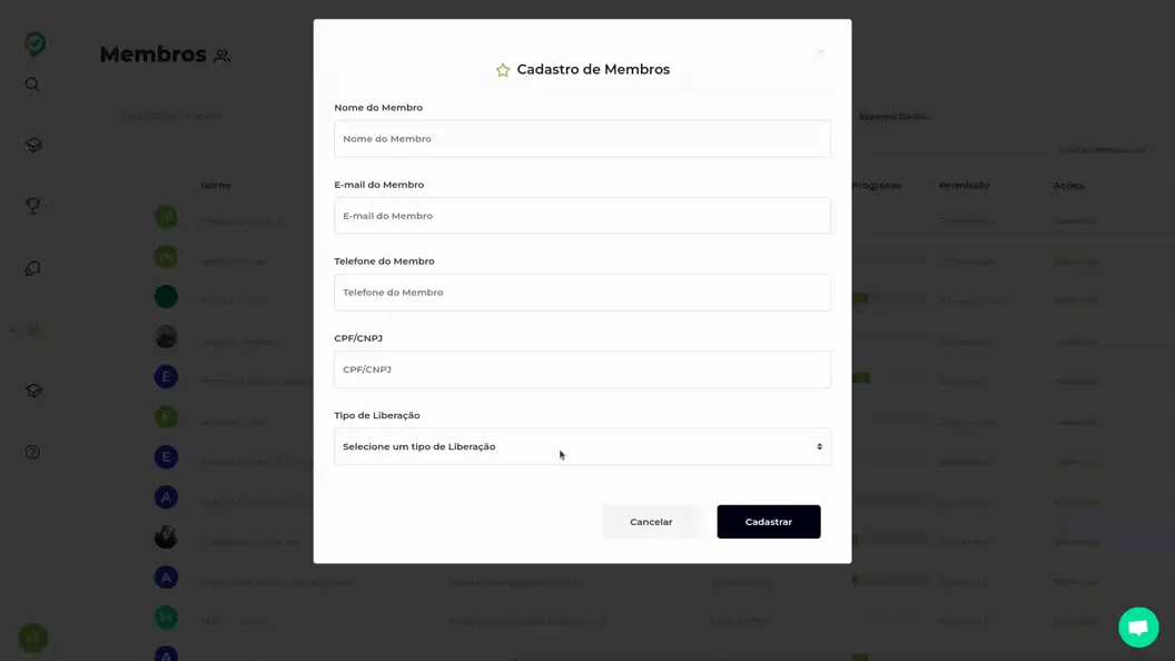 Gravação escolhendo turma ou assinatura e o curso