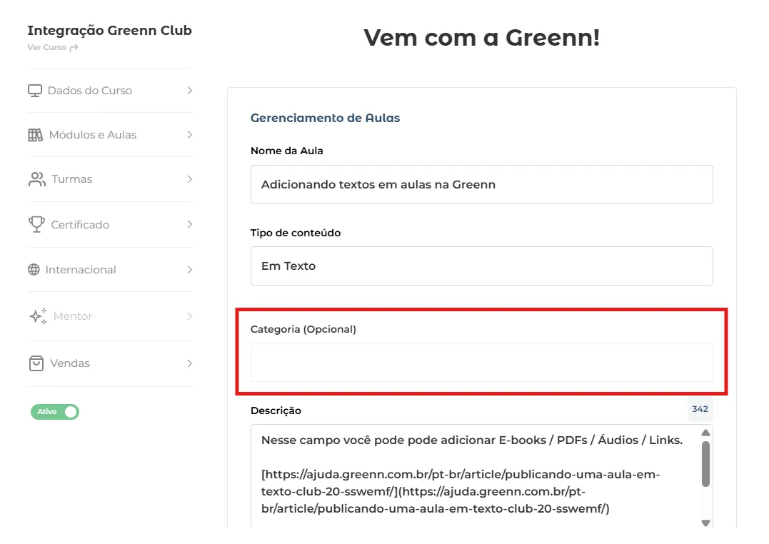 Campo Categoria da aula