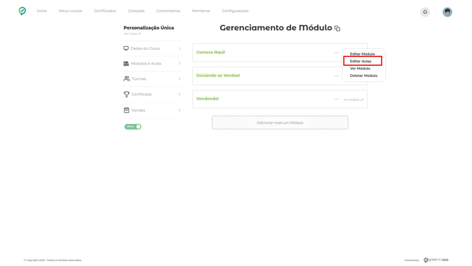 Módulo com a opção de editar aula
