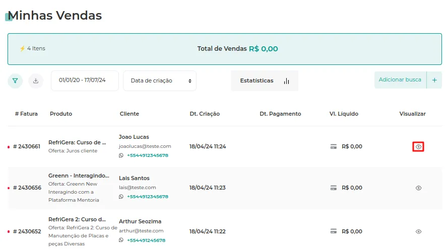 Lista de vendas com o ícone do olho