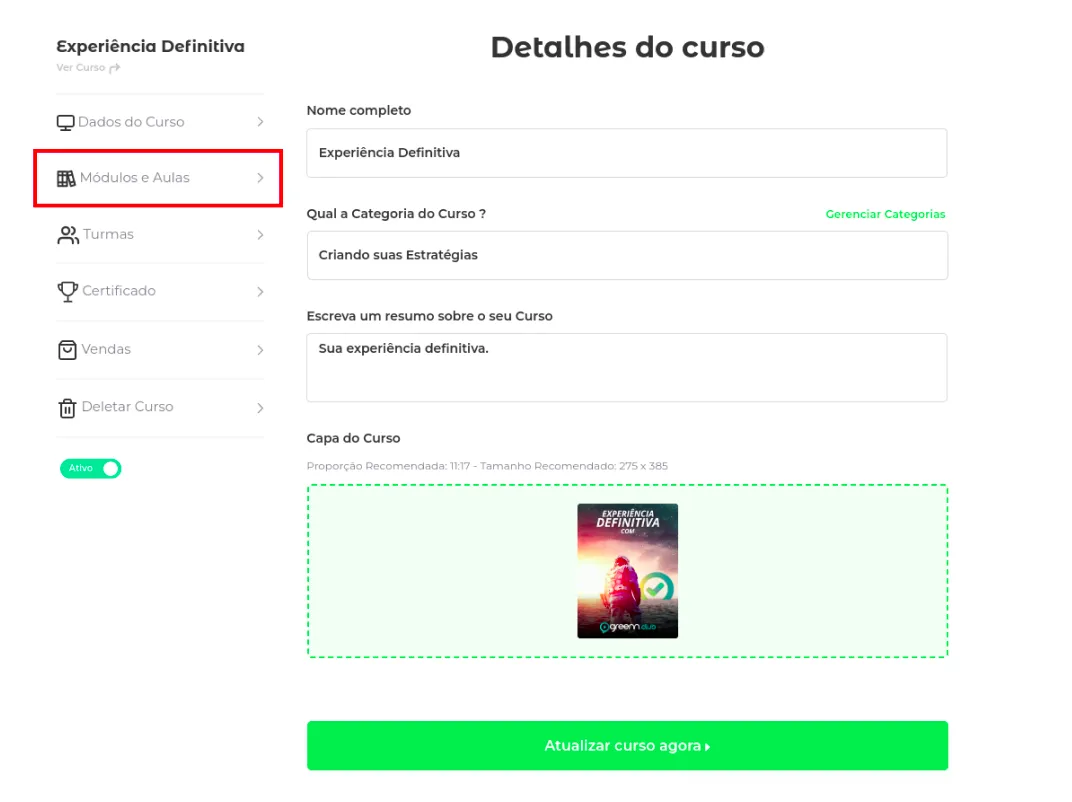 Menu do curso com Módulos e Aulas
