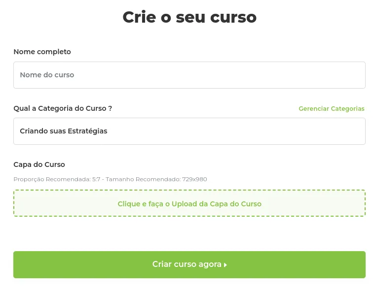 Formulário de criação do curso
