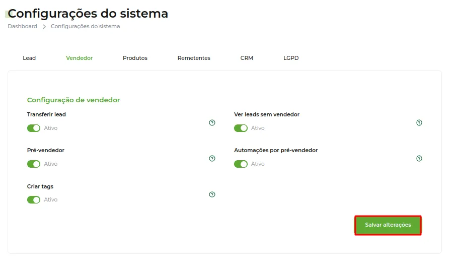 Tela do passo: SEMPRE salve as configurações após realiza-las