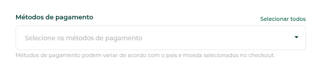 Seleção dos métodos de pagamento
