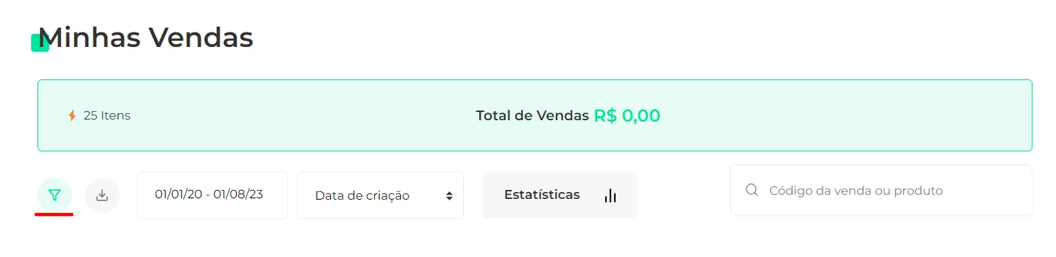 Ícone de funil para abrir os filtros