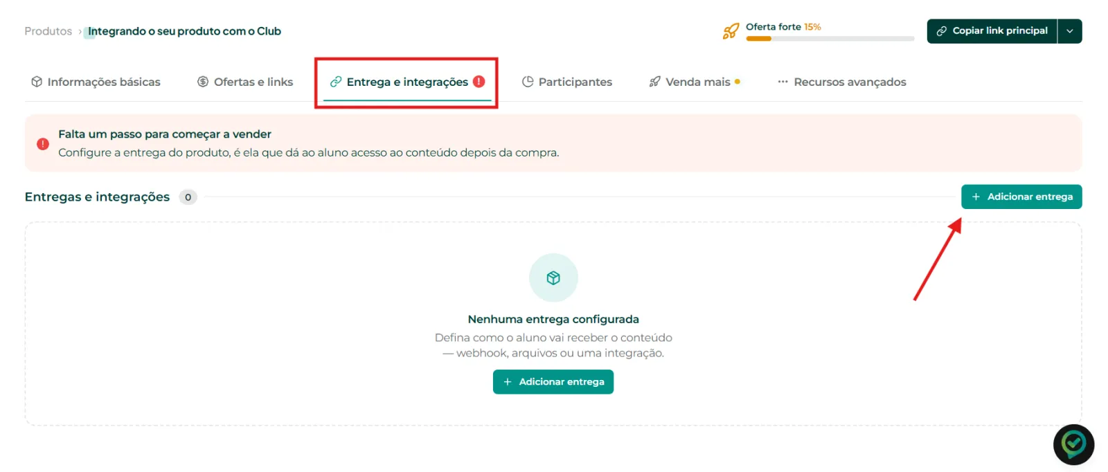 Aba Entregas e Integrações com o botão Adicionar entrega