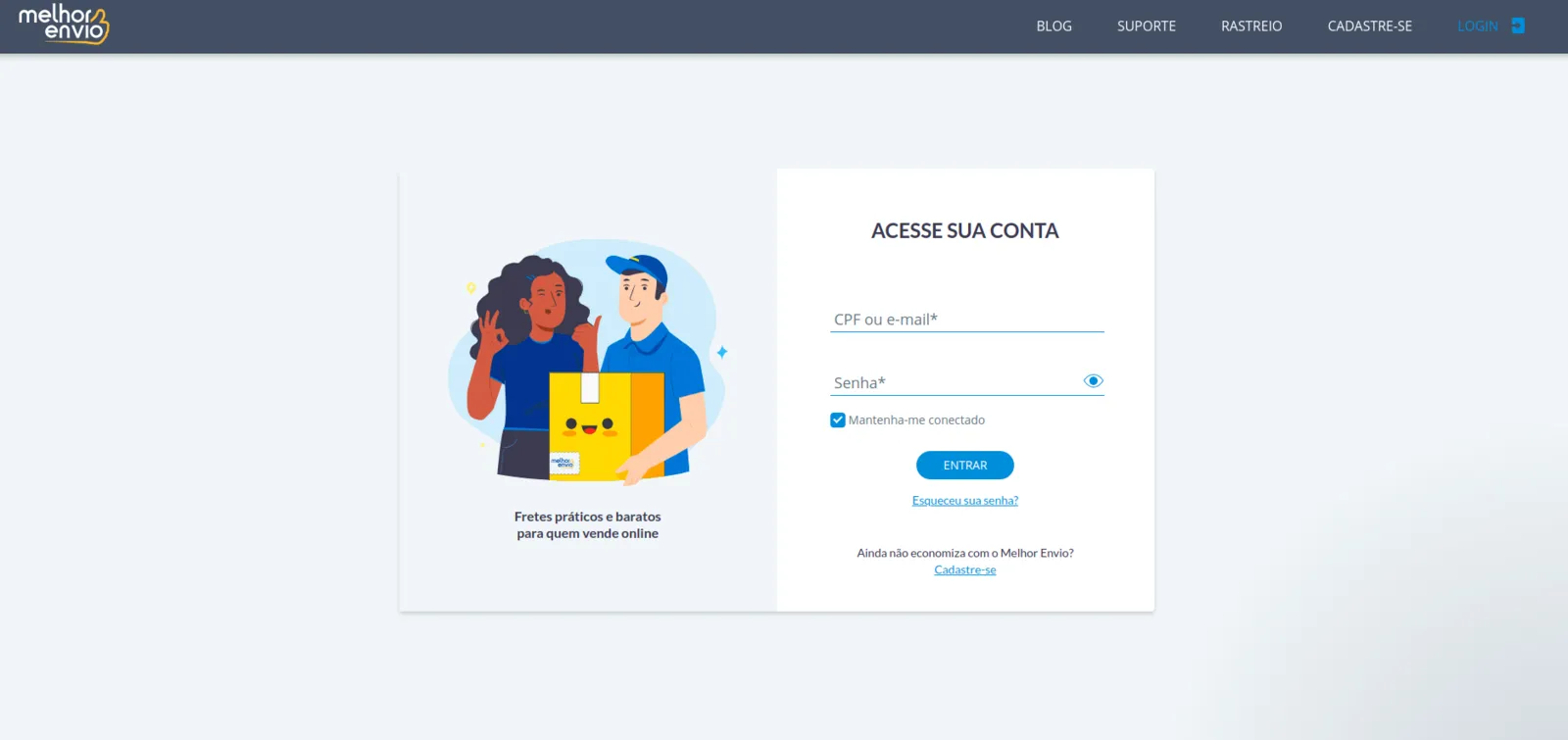 Janela de login do Melhor Envio