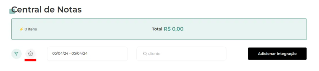 Central de Notas com a engrenagem de configurações