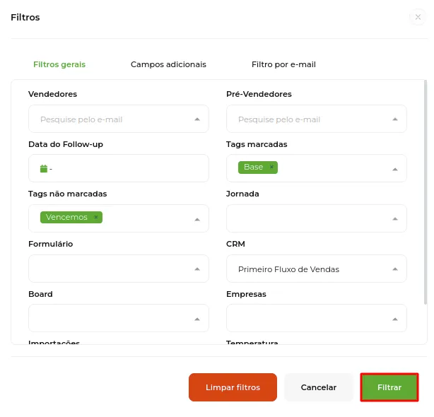 Tela da Greenn Sales: Após adicionar todas as informações necessárias, clique em Filtrar