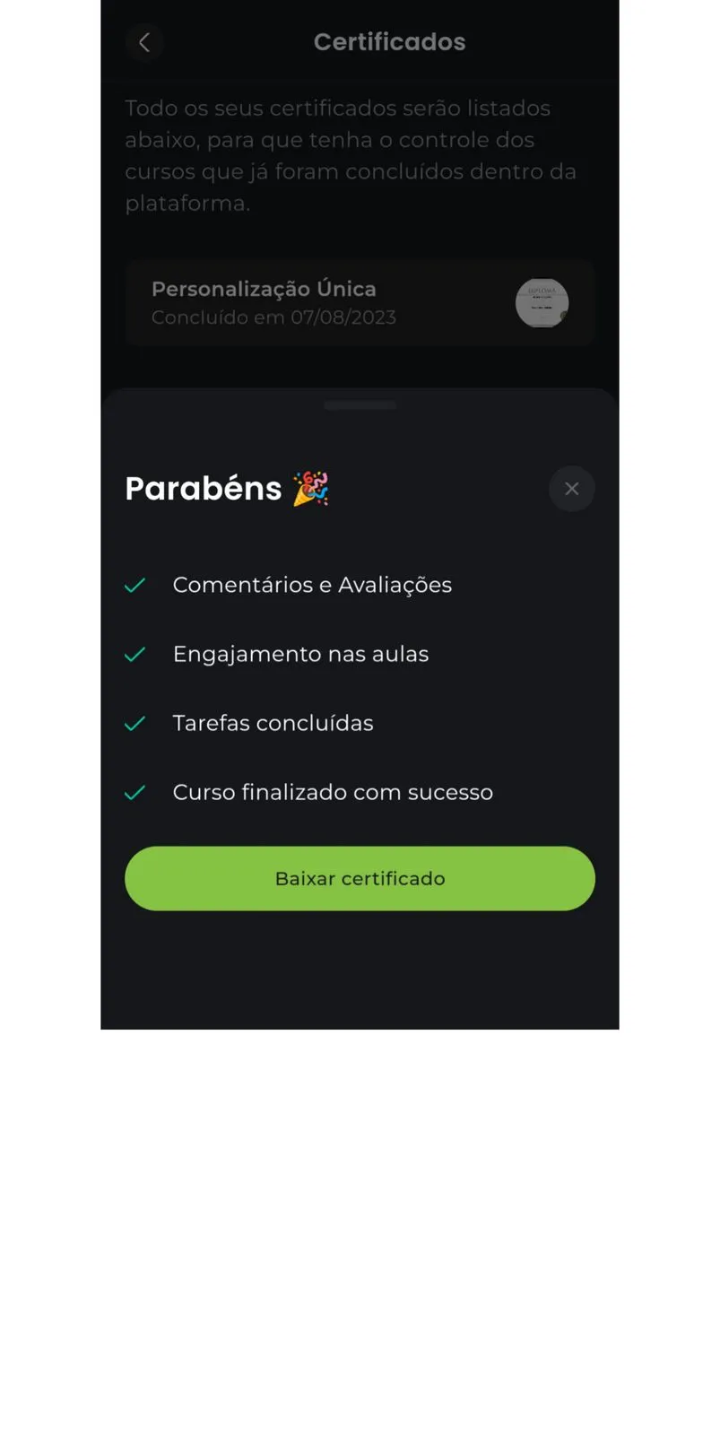 Certificado selecionado com o botão Baixar Certificado