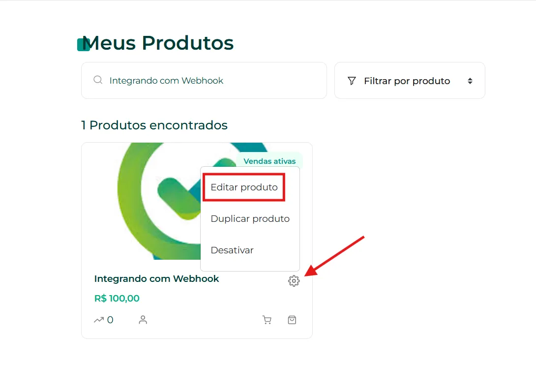 Menu da engrenagem com a opção Editar Produto