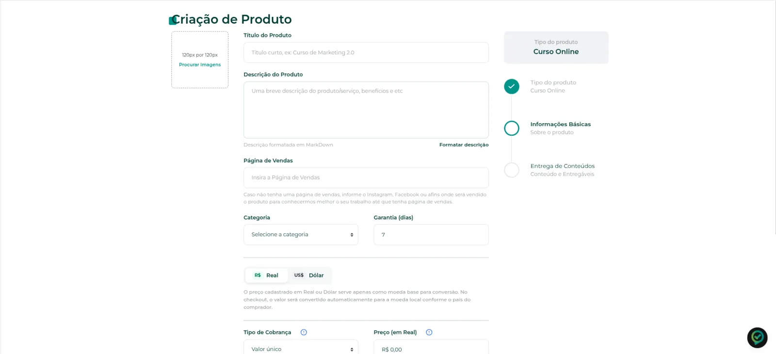 Campos de personalização e criação inicial do produto