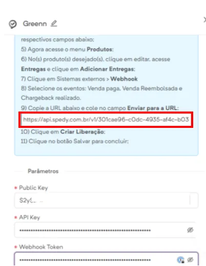 Tela de integração da Spedy com a URL