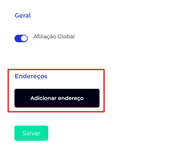 Campo de endereço da Afiliação Global