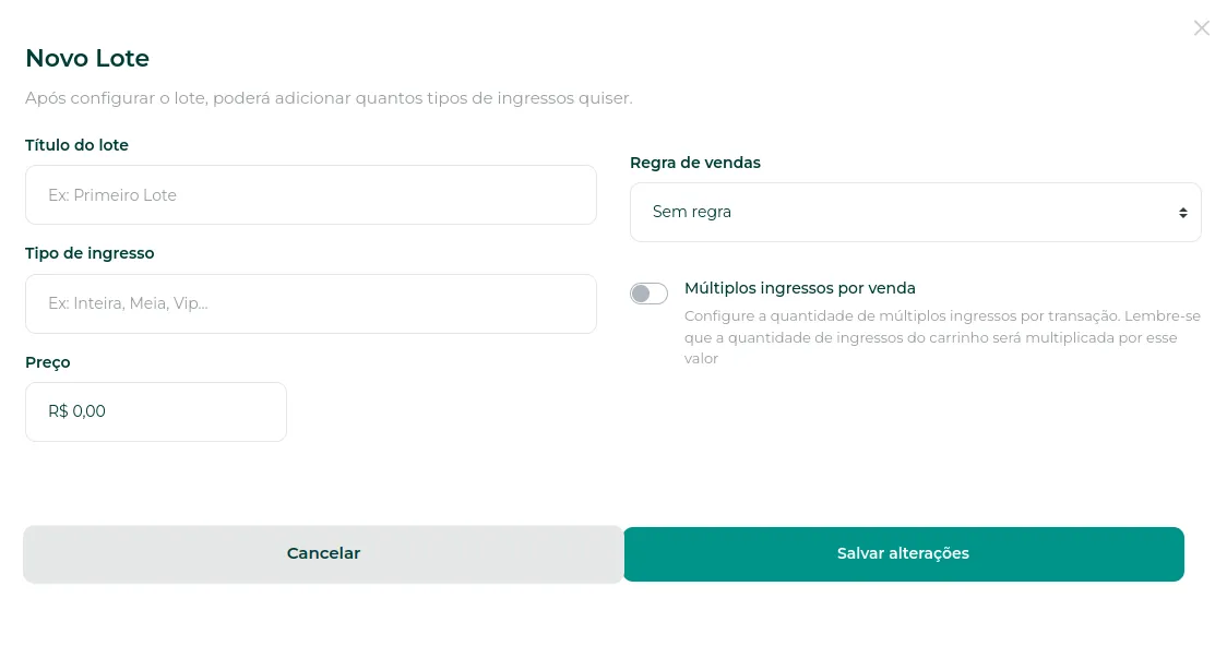 Formulário de criação de lote com título, tipo de ingresso, regras de liberação e múltiplos ingressos