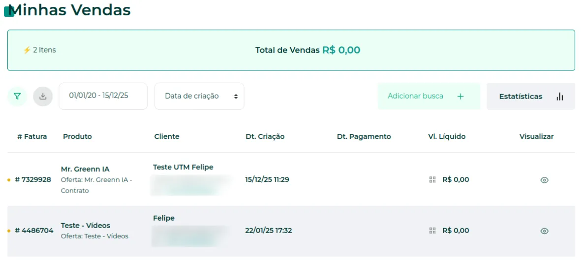 Venda filtrada na lista
