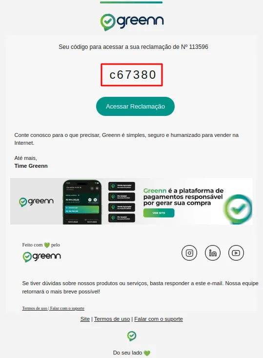 Aviso de código de consulta enviado por e-mail