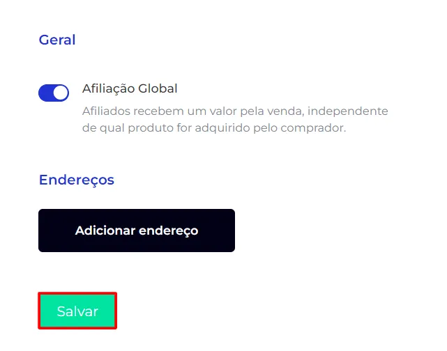 Botão Salvar na tela de Afiliação Global